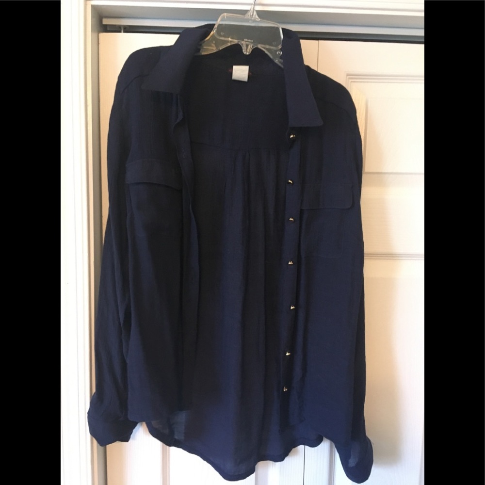 Navy blue dress button up shirt.
